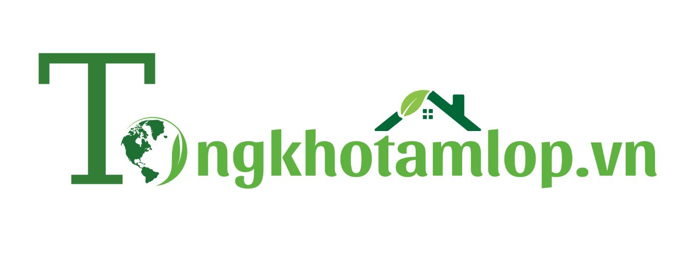 Logo chữ Tongkhotamlop.vn màu xanh lá, kết hợp hình địa cầu và mái nhà cách điệu trên nền trắng